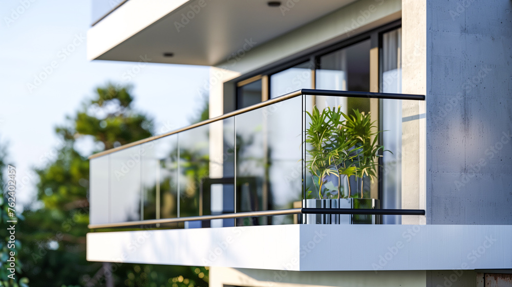 Fototapeta premium Contemporary European balcony architecture featuring clean lines and natural elements.