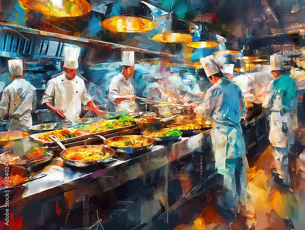 Busy chefs in white uniforms cooking and serving food in a vibrant, stylized kitchen setting.