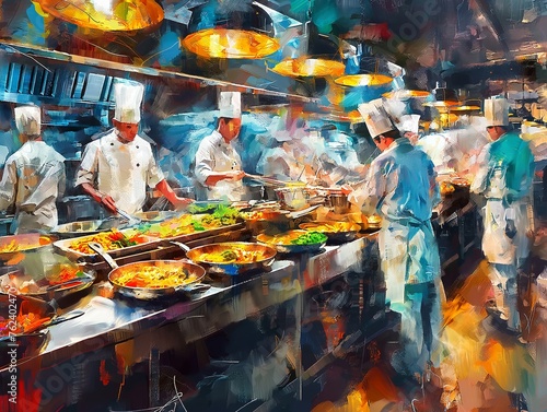 Busy chefs in white uniforms cooking and serving food in a vibrant, stylized kitchen setting.