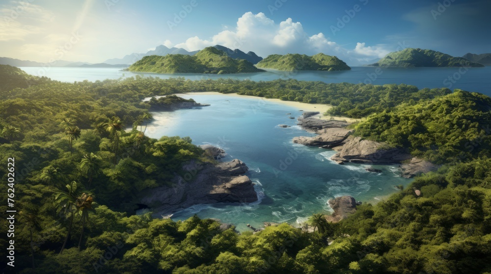 Generative AI A stunning aerial shot of a tropical island cluster boasting dense palm forests, hidden lagoons, and pristine stretches of coastline kissed by gentle waves.