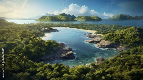 Generative AI A stunning aerial shot of a tropical island cluster boasting dense palm forests, hidden lagoons, and pristine stretches of coastline kissed by gentle waves. © vadosloginov