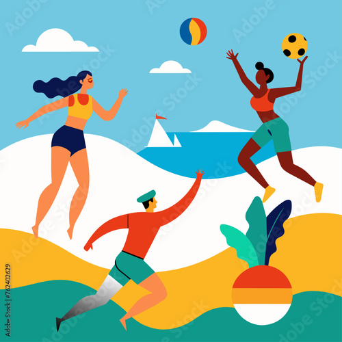 Young people playing volleyball on the beach. Vector illustration in flat style