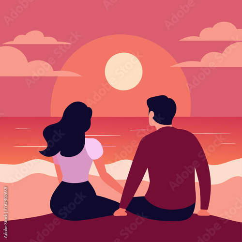 Couple sitting on the beach at sunset. Vector illustration in flat style