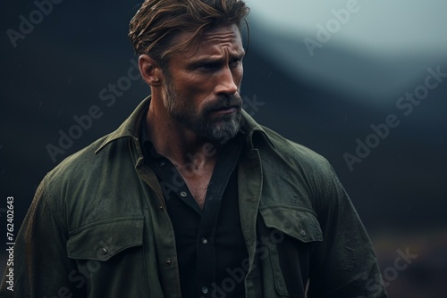 Brawny Rugged handsome man muscular art. Summer face looking relax athletic. Generate AI