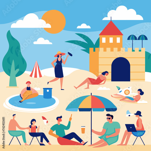 People relaxing on the beach. Flat design vector illustration. Summer vacation concept.