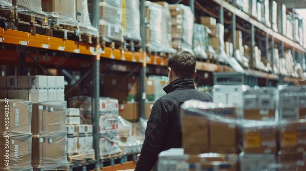 Wide shot of a worker scanning a box in front of a shelf at a distribution warehouse.