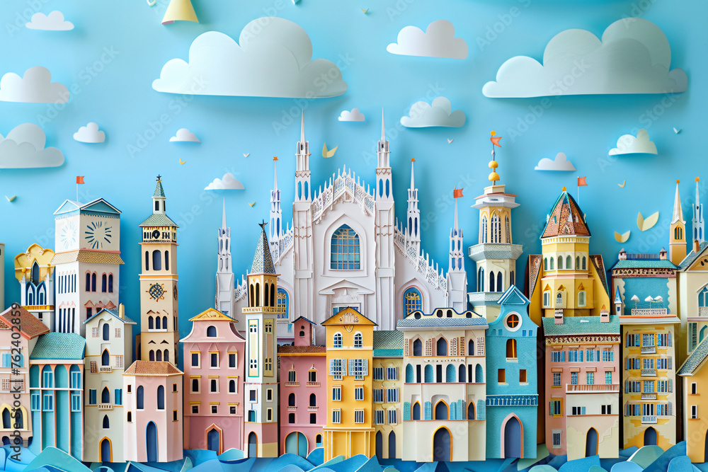 Whimsical paper art cityscape with colorful buildings and playful clouds on a blue background. Generative AI.
