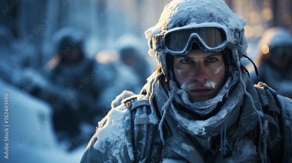 A group of military personnel in winter camouflage moves through a snow storm. Soldiers are equipped with modern military equipment Concept: military operations, teamwork, survival A group of military personnel in winter camouflage moves through a snow storm. Soldiers are equipped with modern military equipment Concept: military operations, teamwork, survival