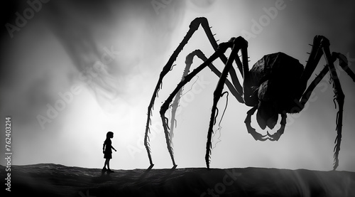 Silhouetted person facing a giant spider, conveying fear or challenge, with a dramatic sky background.