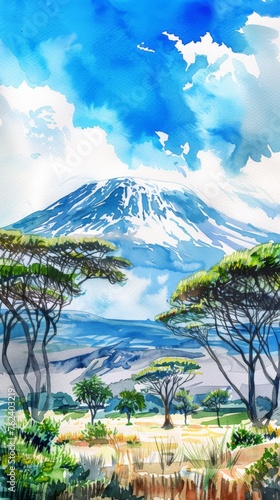 A painting of a mountain with trees in the foreground and a blue sky in the background. The mood of the painting is peaceful and serene