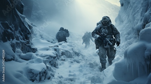 soldiers in winter camouflage make their way through the snow, concentrated and alert, their clothes covered with snow, Concept: military exercises, military tactics in winter conditions. photo