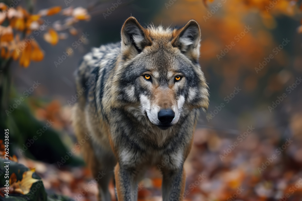 A wolf stands confidently in the midst of a dense forest, surrounded by towering trees and a carpet of fallen leaves A wolf stands confidently in the midst of a dense forest, surrounded by towering trees and a carpet of fallen leaves