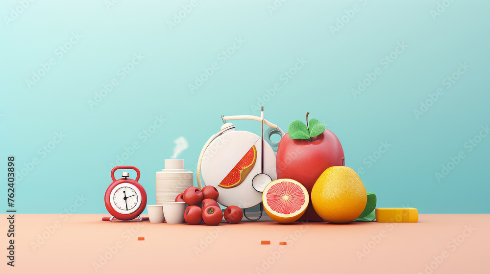 Morning routine still life with alarm clock, coffee, and fresh fruit on a pastel background. 3D render with place for text. Daily health and breakfast concept for design and print - obrazy, fototapety, plakaty 