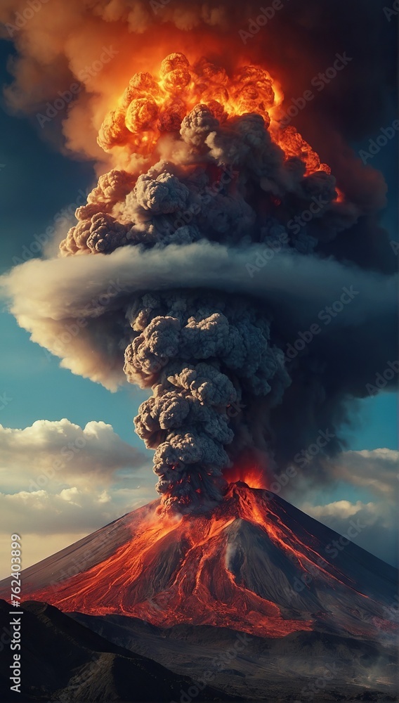 Fototapeta premium Burning volcano with ash clouds above it