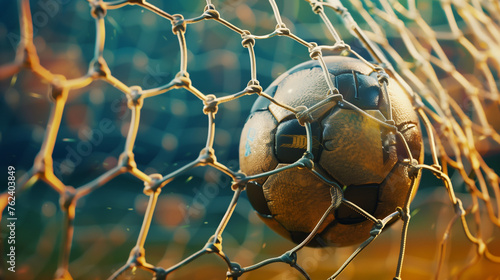 A soccer ball flies into the goal, with a closeup of a football in the net on a green grass background.