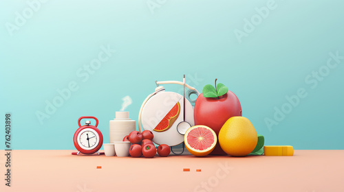 Morning routine still life with alarm clock, coffee, and fresh fruit on a pastel background. 3D render with place for text. Daily health and breakfast concept for design and print photo