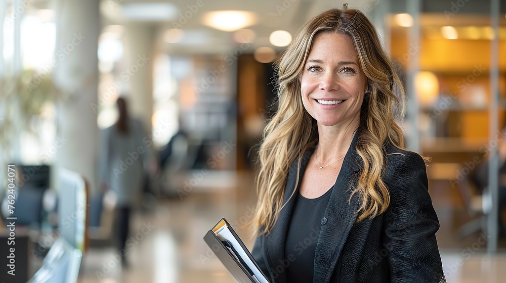 Professional Woman with Documents Smiling in Modern Office Space
Professional Woman with Documents Smiling in Modern Office Space