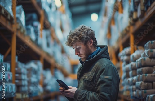 Contemplative Solitude: Warehouse Man Engages Mobile, Shrouded in Muted Navy and Gray, Adventure and Bibliopunk Merge - photo