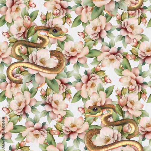 Floral seamless pattern with snakes. Serpent with flowers and leaves. Floral background.