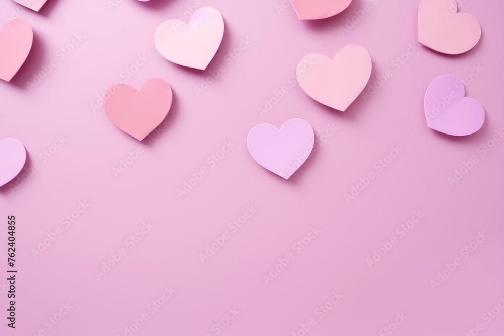 Heart decorations and elegant gift boxes placed thoughtfully on a pink celebratory background.