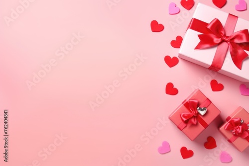 Red Valentine's Day gift boxes with ribbons and scattered hearts on a pink background. © Оксана Олейник