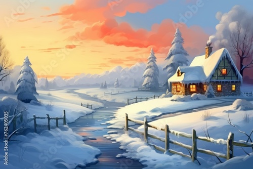 Frosty Rural winter landscape village house. Sunrise season. Generate Ai