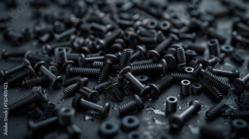 techno backgrounds - black oiled Bunch of screws on a dark grey cardboard