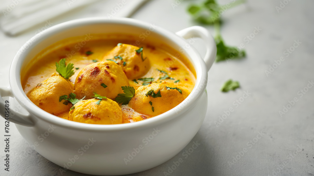 Punjabi Karii Pakora or Curry Pakora, Indian cuisine served in a white ceramic bowl on a light grey background Punjabi Karii Pakora or Curry Pakora, Indian cuisine served in a white ceramic bowl on a light grey background