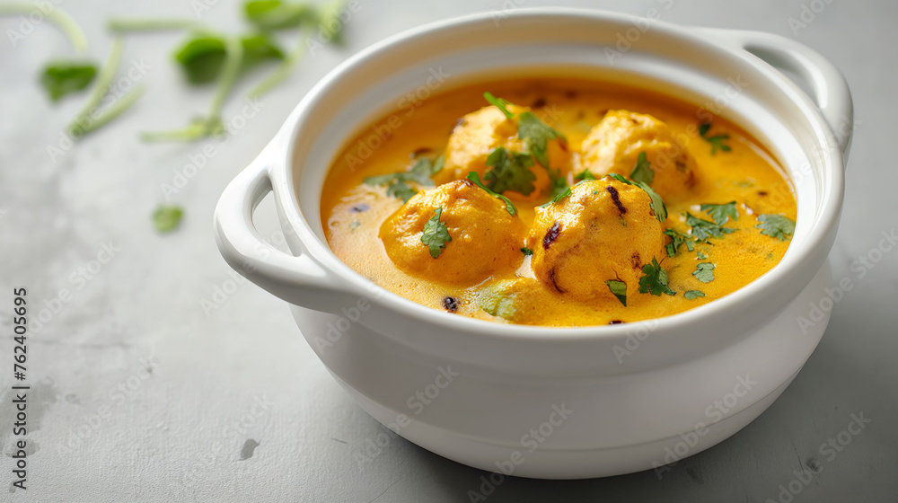 Punjabi Karii Pakora or Curry Pakora, Indian cuisine served in a white ceramic bowl on a light grey background Punjabi Karii Pakora or Curry Pakora, Indian cuisine served in a white ceramic bowl on a light grey background