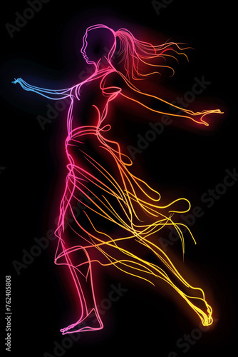 Simple vector graphic of neon woman dancing isolated on black background.