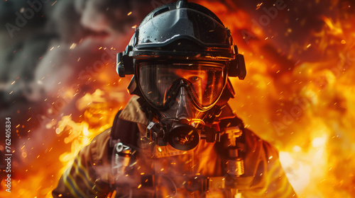 A close-up shot of a firefighter in full gear with a reflective visor, standing against an intense backdrop of flames and smoke, highlighting the bravery of first responders. © SkyLine