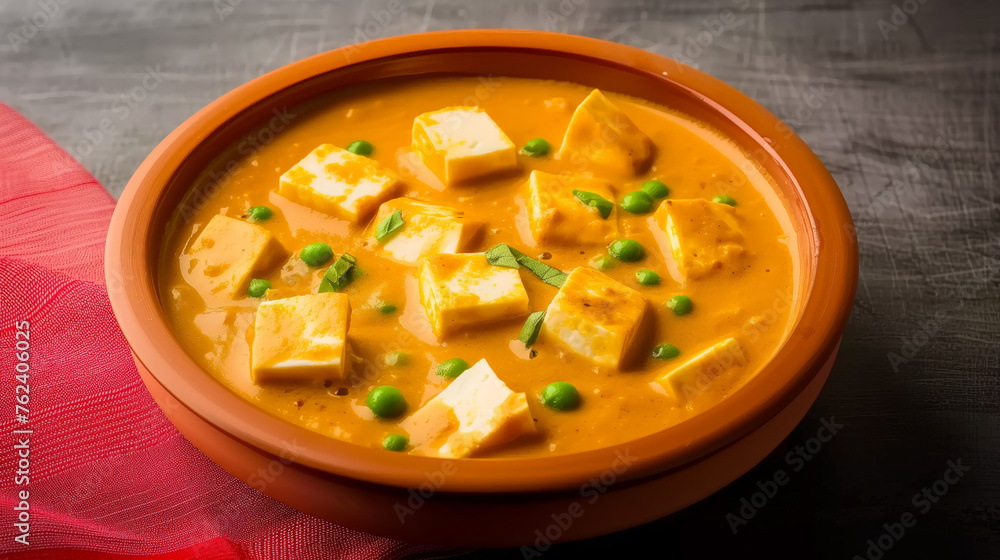 Shahi Paneer Curry with Green Peas in Flat Bowl on Grey Background Shahi Paneer Curry with Green Peas in Flat Bowl on Grey Background