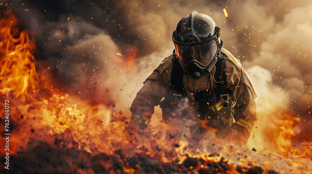 In this dramatic portrayal, a firefighter is seen crouching and ready to tackle the fire, set against a fiery and smoky background that conveys urgency and danger.