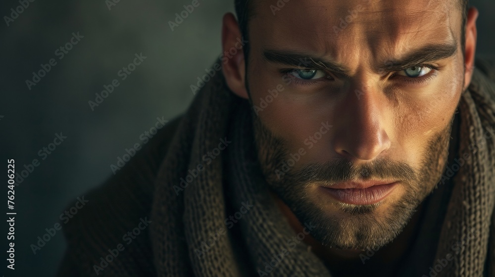 Fototapeta premium Intense Close-Up Portrait of a Bearded Man With Piercing Eyes