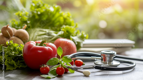 Fresh vegetables with stethoscope on wooden table in natural light. Conceptual image of healthy eating for a healthy lifestyle, preventative medicine, and nutrition. Diet and wellness in healthcare