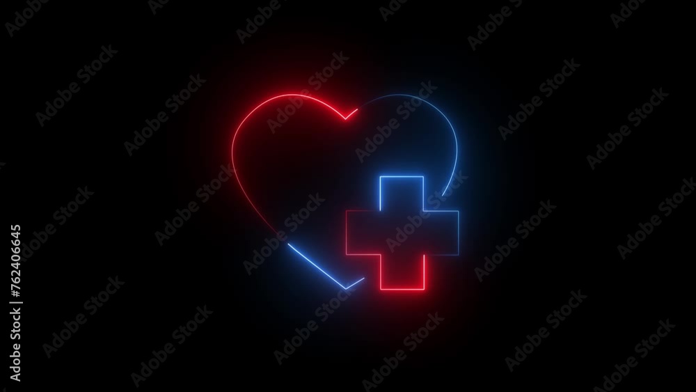 Glowing neon line Heart with a cross icon isolated on black background. First aid. Healthcare, medical and pharmacy sign. 4K Video motion graphic animation. Glowing neon line Heart with a cross icon isolated on black background. First aid. Healthcare, medical and pharmacy sign. 4K Video motion graphic animation.