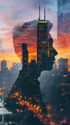 A mans face is superimposed over a cityscape background, creating a striking double exposure effect. The mans features are visible against the tall buildings and urban skyline in the backdrop.