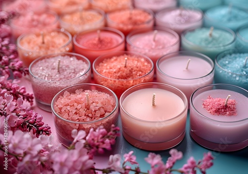 An Array of Scented Candles Surrounded by Blooming Spring Flowers. Colorful Scented Candles and Bath Salts for a Relaxing At-Home Spa Experience