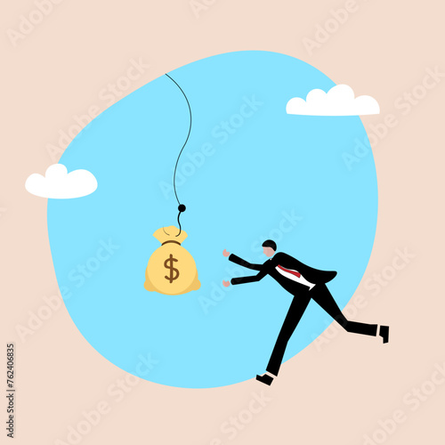 Financial money trap, With huge money dollar sign bait, 4k animation of a man running for money.