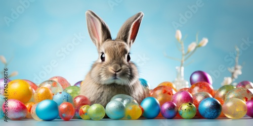 Easter bunny with eggs on a festive Easter background. Generative AI © 22_monkeyzzz