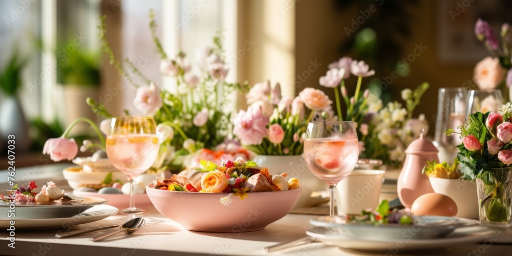 Festively decorated table for Easter with eggs and flowers Festively decorated table for Easter with eggs and flowers