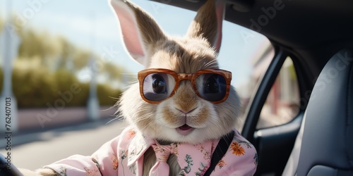 Cute Easter bunny is in a hurry for the Easter holiday. Generative AI