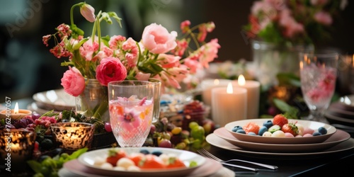 Festively decorated table for Easter with eggs and flowers