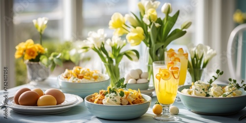 Festively decorated table for Easter with eggs and flowers