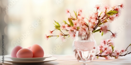 Festively decorated table for Easter with eggs and flowers