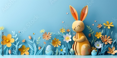 Cute Easter bunny and eggs cut from colored paper with flowers. Generative AI