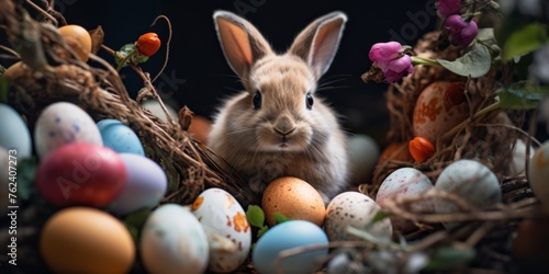 Cute Easter bunny with brightly colored eggs. Background for Happy Easter. Generative AI