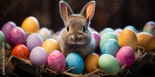 Cute Easter bunny with brightly colored eggs. Background for Happy Easter. Generative AI