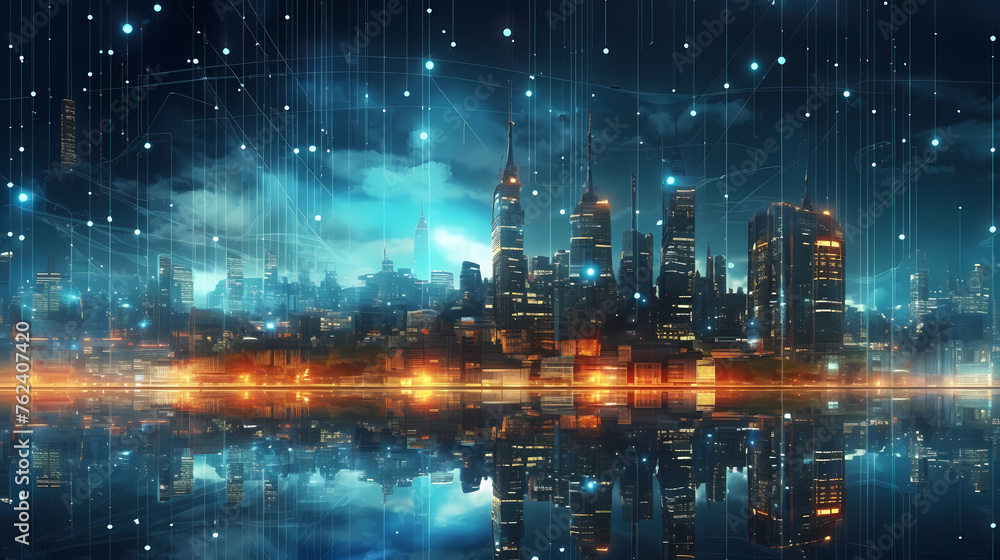 Smart city and connection abstract polygon pattern with speed line light, big data connection technology concept Smart city and connection abstract polygon pattern with speed line light, big data connection technology concept
