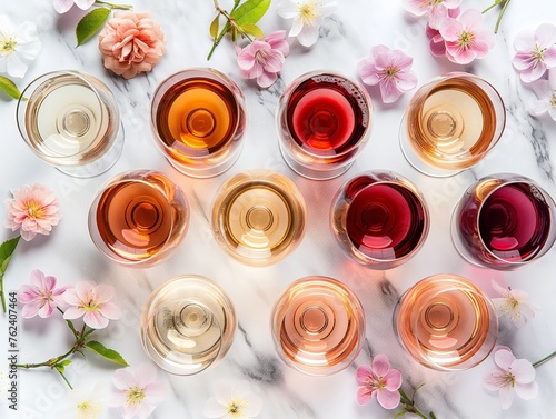 An array of wine glasses with different shades of wine surrounded by delicate spring flowers on a light background.
